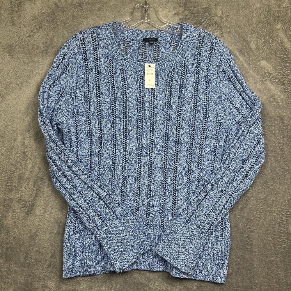 Talbots Sweater Pullover Women Large Cable Crochet Knit Crewneck Blue Preppy NWT